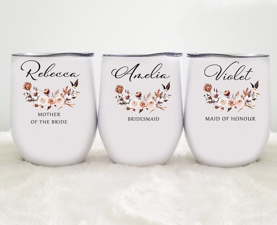 Bridal Party Wine Tumbler, Personalized Bridesmaid Mug, Mother Of Bride/Groom Stemless Glass, Maid Honour, Matron Honor