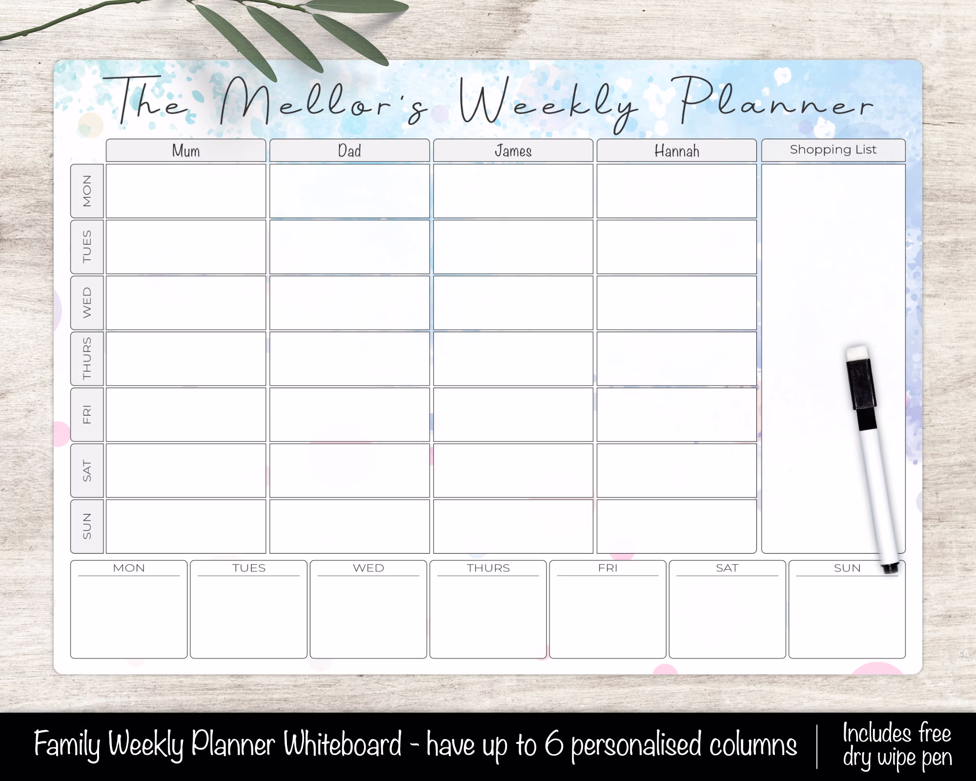 Personalised Family Planner A3 Weekly Dry Wipe Wall Whiteboard Organiser, Meal Planner, Erase White Board Command Centre, Week Planning