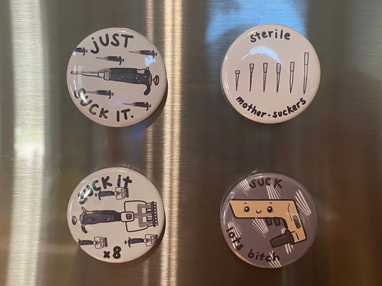 4-Pack Punny & Sassy Pipette 1.5 Inch Button Magnets ~ Fridge Refrigerator Science Micropipette Pipet Aid Serological Tips Scientist