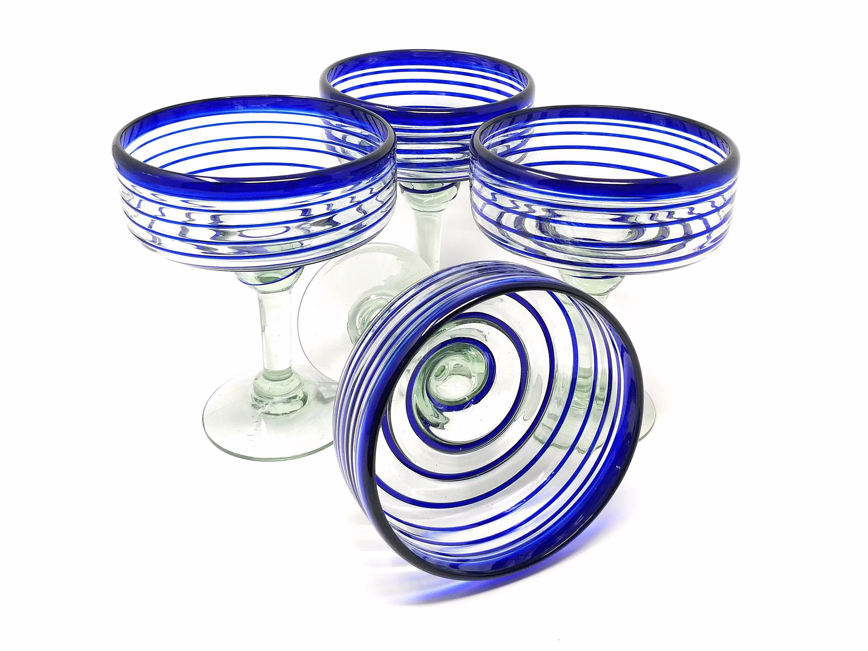 Mexican Hand Blown Glass - Set Of 4 Margarita Glasses | 16 Oz With Blue Spiral Design