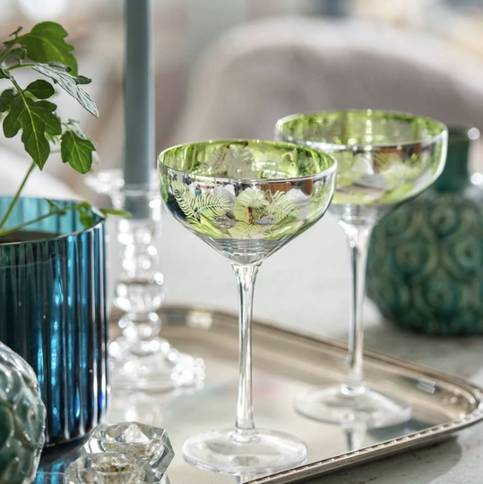 Set Of Two Tropical Leaf Champagne Coupes - Celebration Glasses -Cocktail Glasses-Coupe Glasses- Wedding Glasses