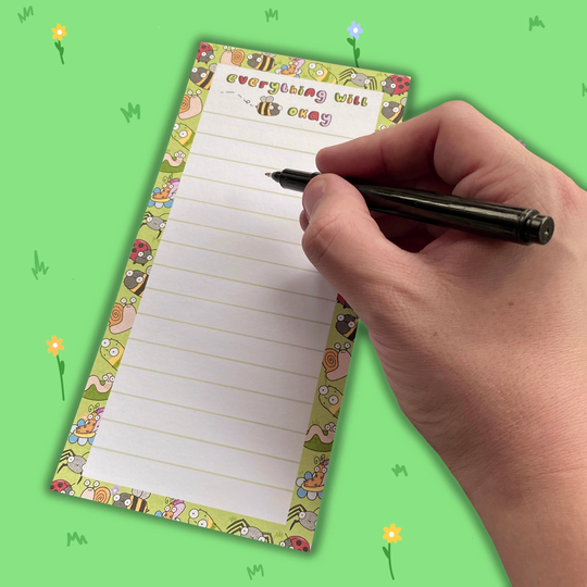 Everything Will Be Okay List Notepad - With Or Without Magnet Cute Bugs Green