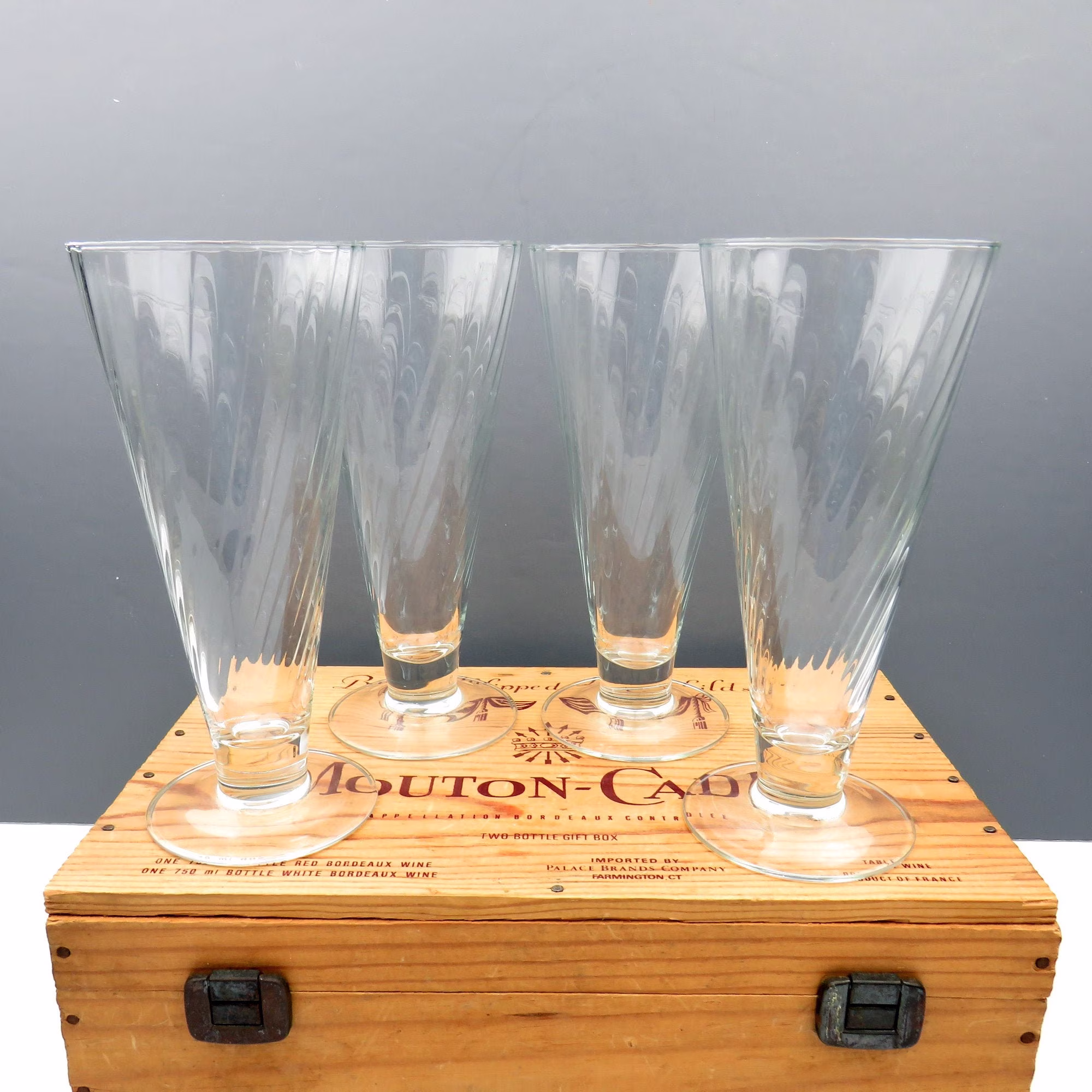 Set Of 4 Crystal Pilsner Or Ice Tea Glasses By Cristal D'arques-Durand Luminarc France Optic Swirl Pattern Hard To Find