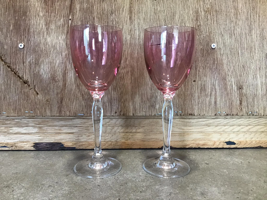 Set Of 2 Pier 1 Wine Glasses Pink/Cranberry With Clear Petal Stem