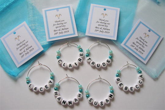 Personalised Wedding Favour - Turquoise & Aqua Blue Name Wine Glass Charms
