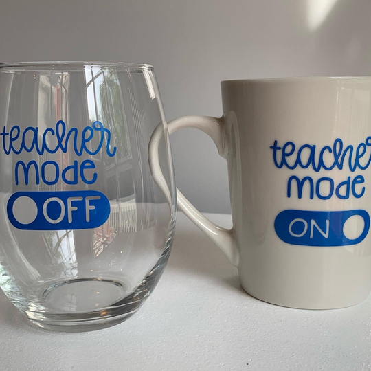 Teacher Gift Set - Coffee Cup & Stemless Wine Glass - Teacher Mode, Before/ Because Of School