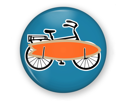 Surfboard & Bike Button Or Fridge Magnet, Backpack Pin, Button