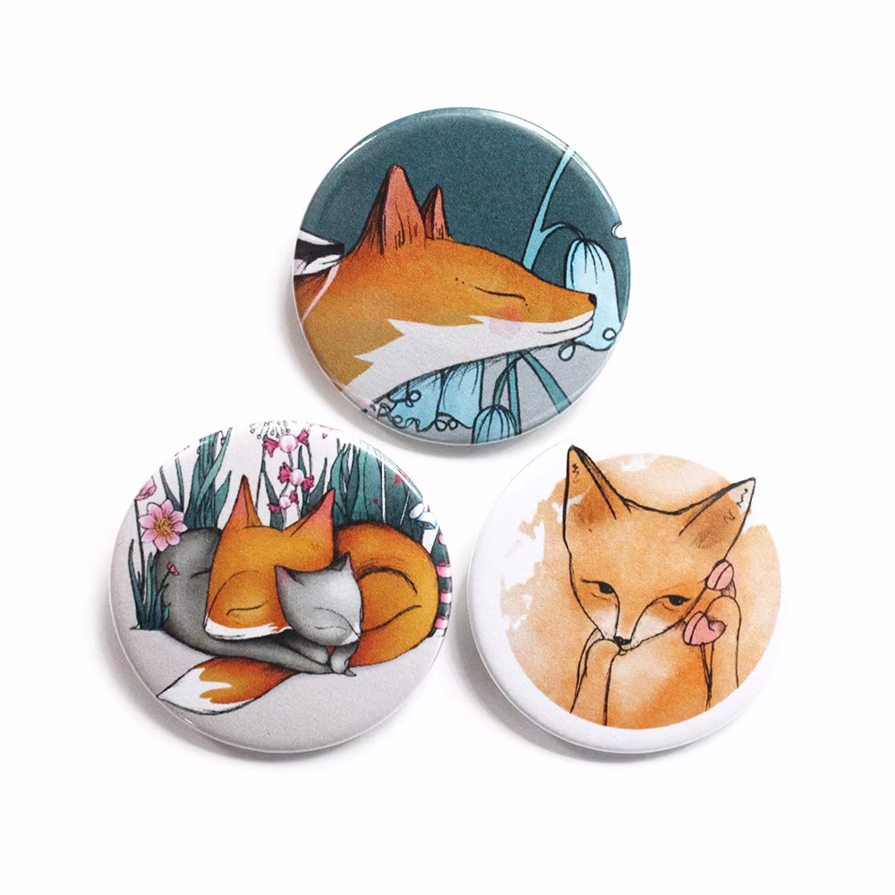 Fox Badges Pins Buttons Fridge Magnets - Set Of Three Foxes Moshi Fox, Fox Cat Dreams & Face Stocking Filler Stuffer