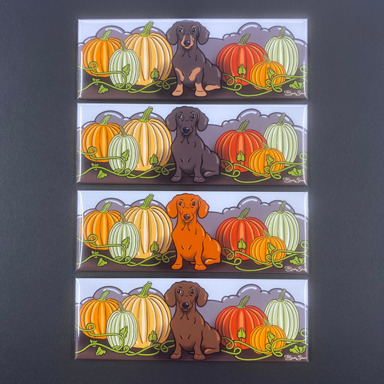 Dachshund Pumpkin Patch Halloween Magnet, Autumn Holiday Wiener Dog Decor, Funny Gifts, High Quality Handmade Magnet 1.5x4.5