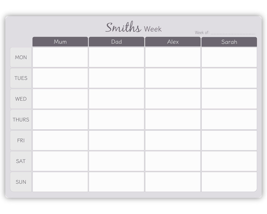 Personalised Dry Wipe A3 Whiteboard Weekly Family Planner - Meals, Activities, Chores Board