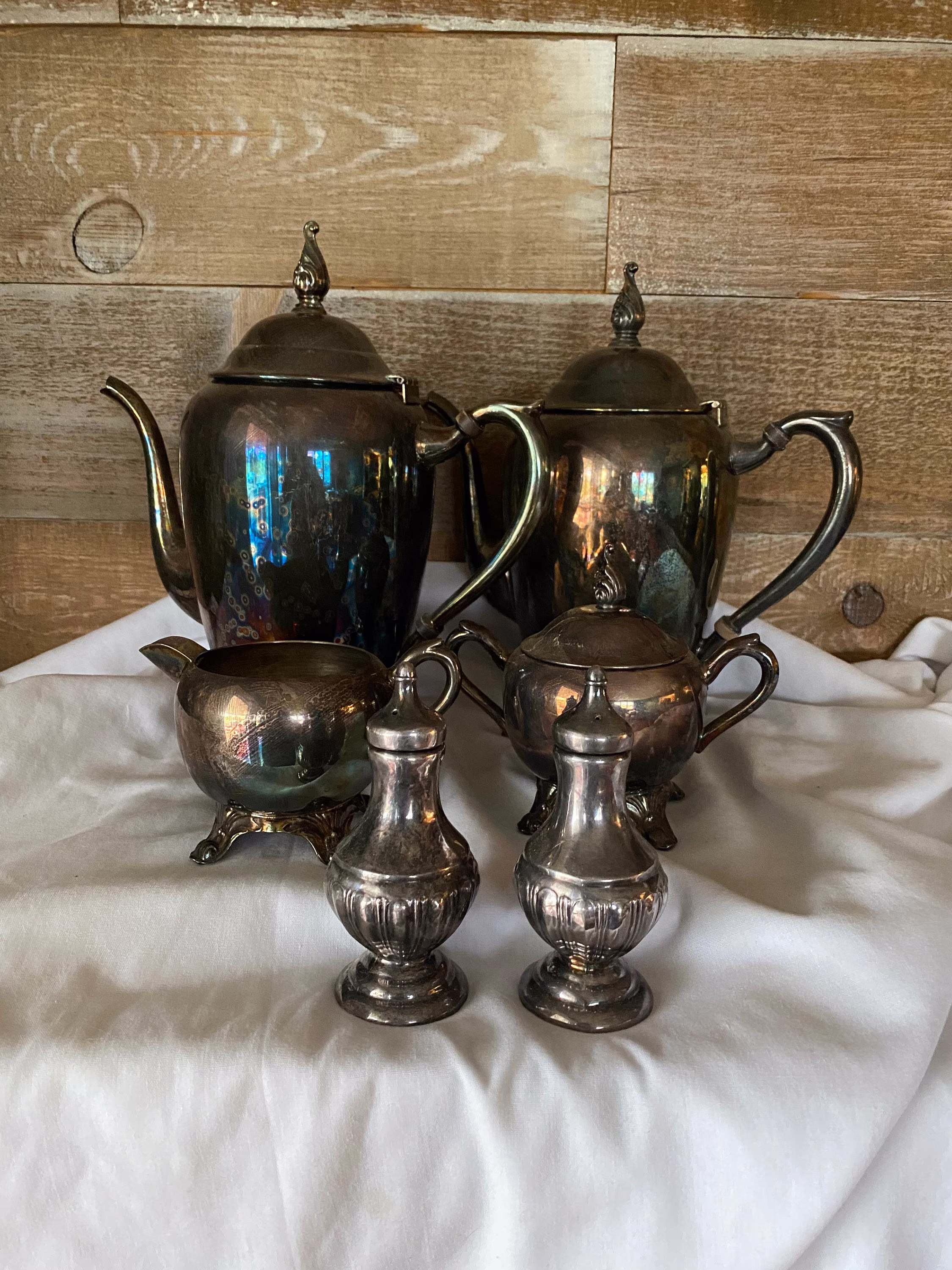 Silver Coffee Tea Set Cream Sugar Salt & Pepper Collectible Fb Rogers Serving Shaker