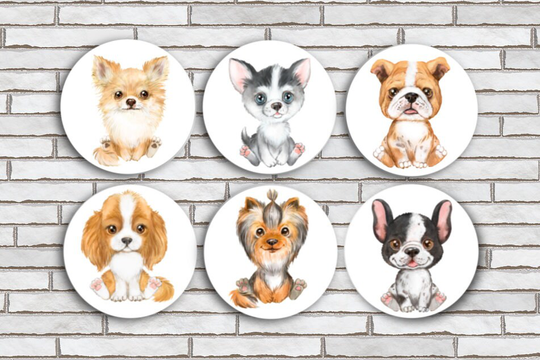 Set Of 6 Watercolor Dog Fridge Magnets Or Pin Buttons, 1.25