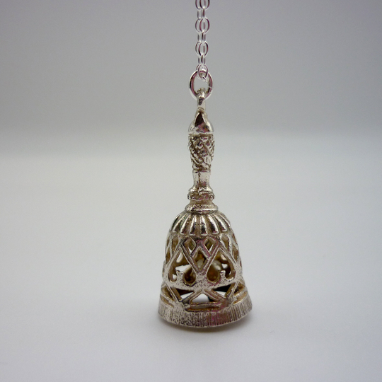 Silver Hand Bell Charm Necklace, Ringing Handbell Pendant