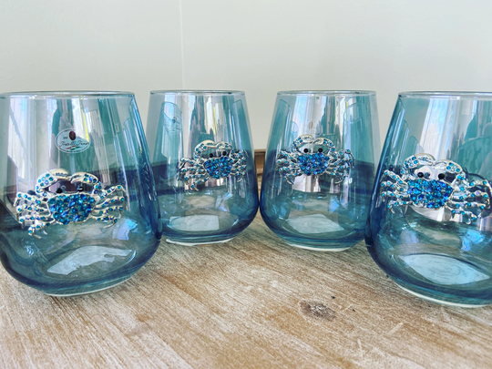 Set Of 4 Crab Stemless Wine Glasses, Beach Theme Rhinestone Blue Glass Tumbler, House Glassware, Ocean Gift Idea