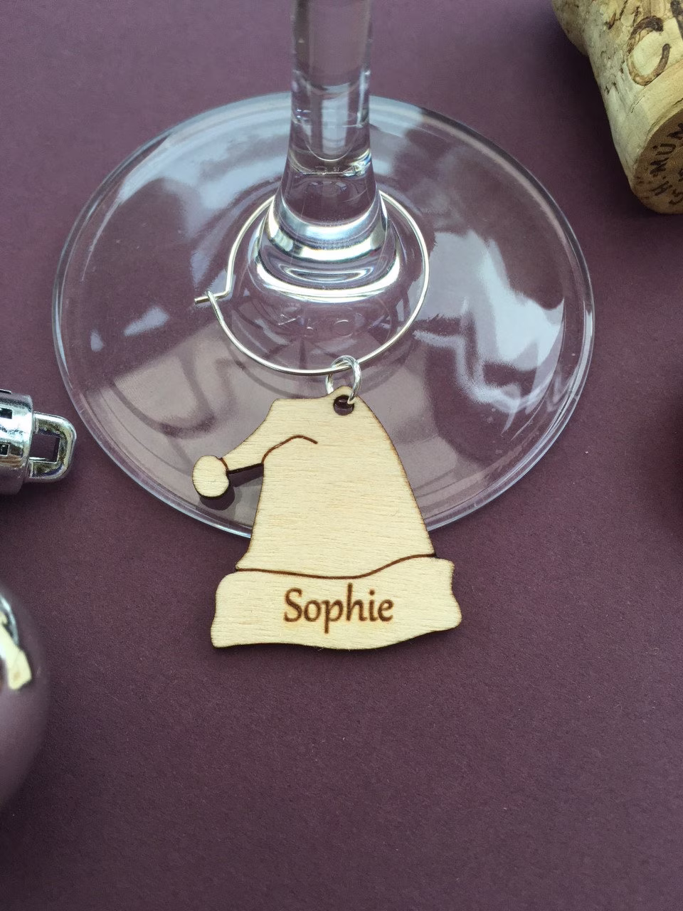 Personalised Santa Hat Shaped Glass Charm, Christmas Wooden Wine Glass Charms, Name Place Settings, Xmas Table Setting, Family Christmas