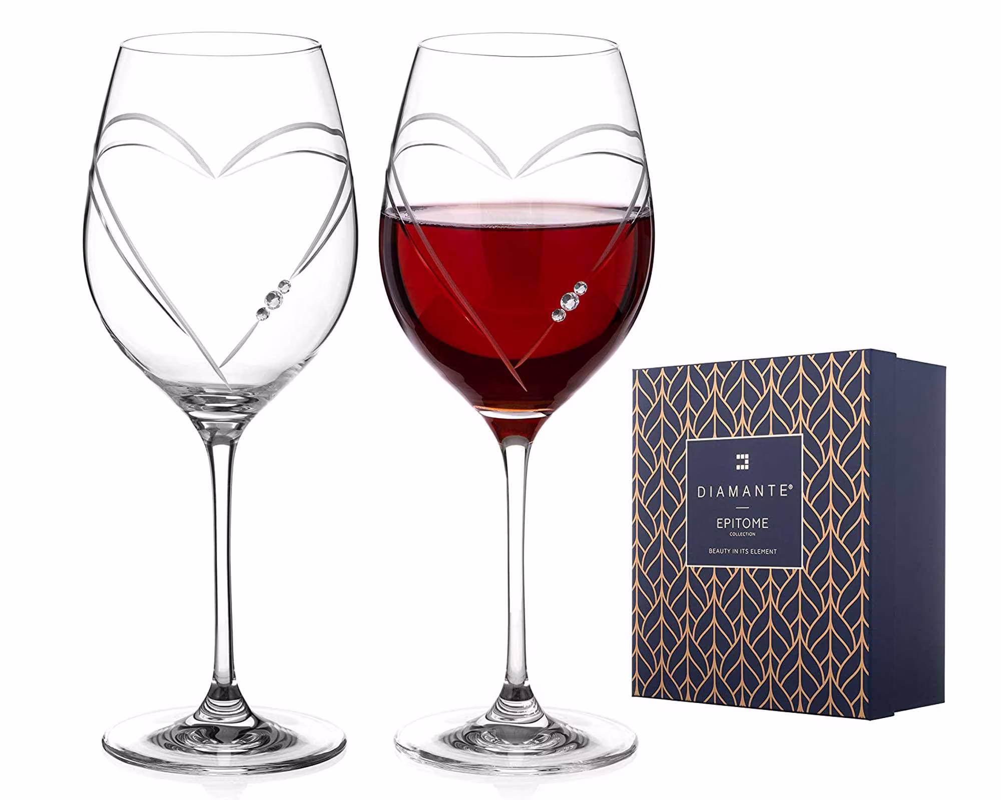 Hearts Crystal Red Wine Glasses Adorned With Swarovski Crystals - Set Of 2