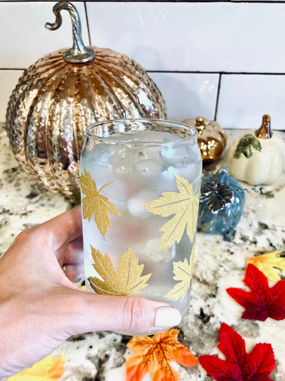 Falling Leaves Wine Glasses, Fall Lovers Gift, Autumn Decor, Aesthetic Coffee Glass , Gold Glitter Cup, Trendy Iced Cup