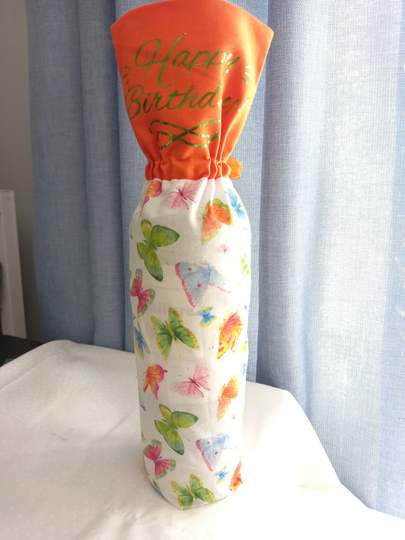 Handmade Wine Bottle Bag Made From A Beautiful Butterfly Fabric With Message Of Happy Birthday On The Front