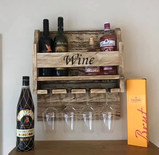 Rustic Wooden Wine Rack Wall Hanging Glass Holders & Hand Personalised - 100% Recycled Wood Bespoke