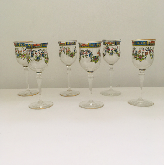 Set Of 6 English Art Nouveau Enamelled Liqueur Glasses By Webb
