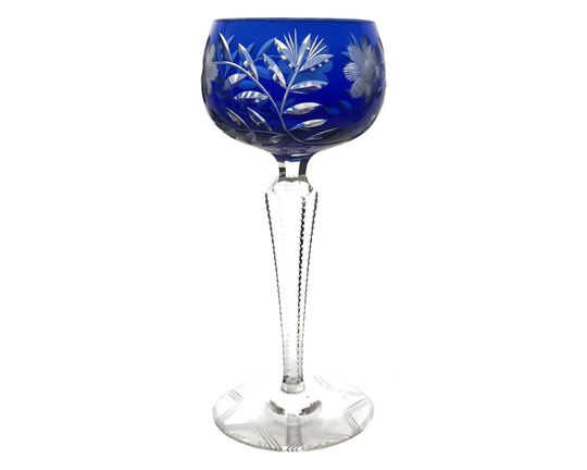 Vintage Bright Cobalt Blue Wine Glass Goblet Hock Cut-To-Clear 24% Lead Crystal Franz August Knittel Gmbh Rhineland-Palatinate Germany 1920S