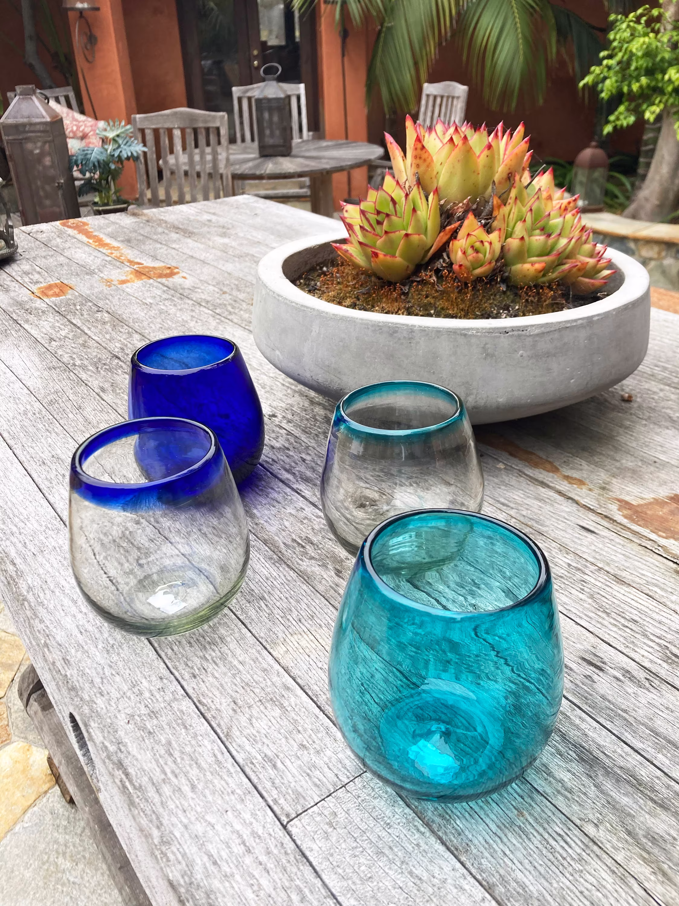 4 Hand Blown Stemless Wine Glasses - Blues Collection