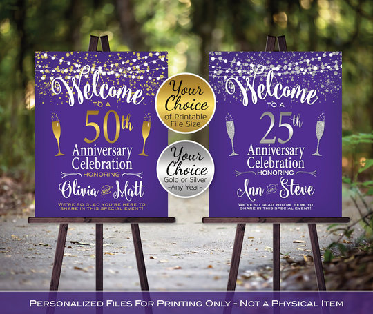 Anniversary Welcome Sign Printable | Purple With Gold Or Silver Garland Lights Confetti Personalized Digital Printable Files