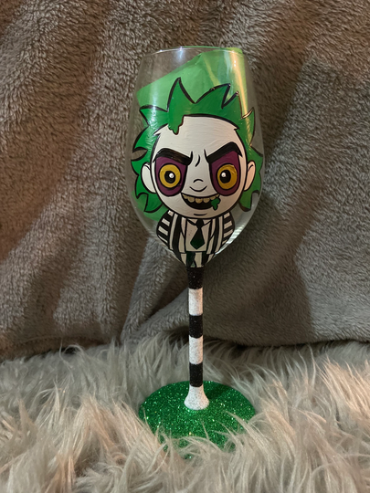 Beetle Juice Hand Painted Wine Glass