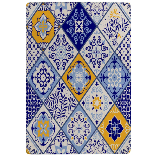 Erickson Turkish Style. Azulejos Tiles Designer Shaggy Navy/Blue/Yellow Rug