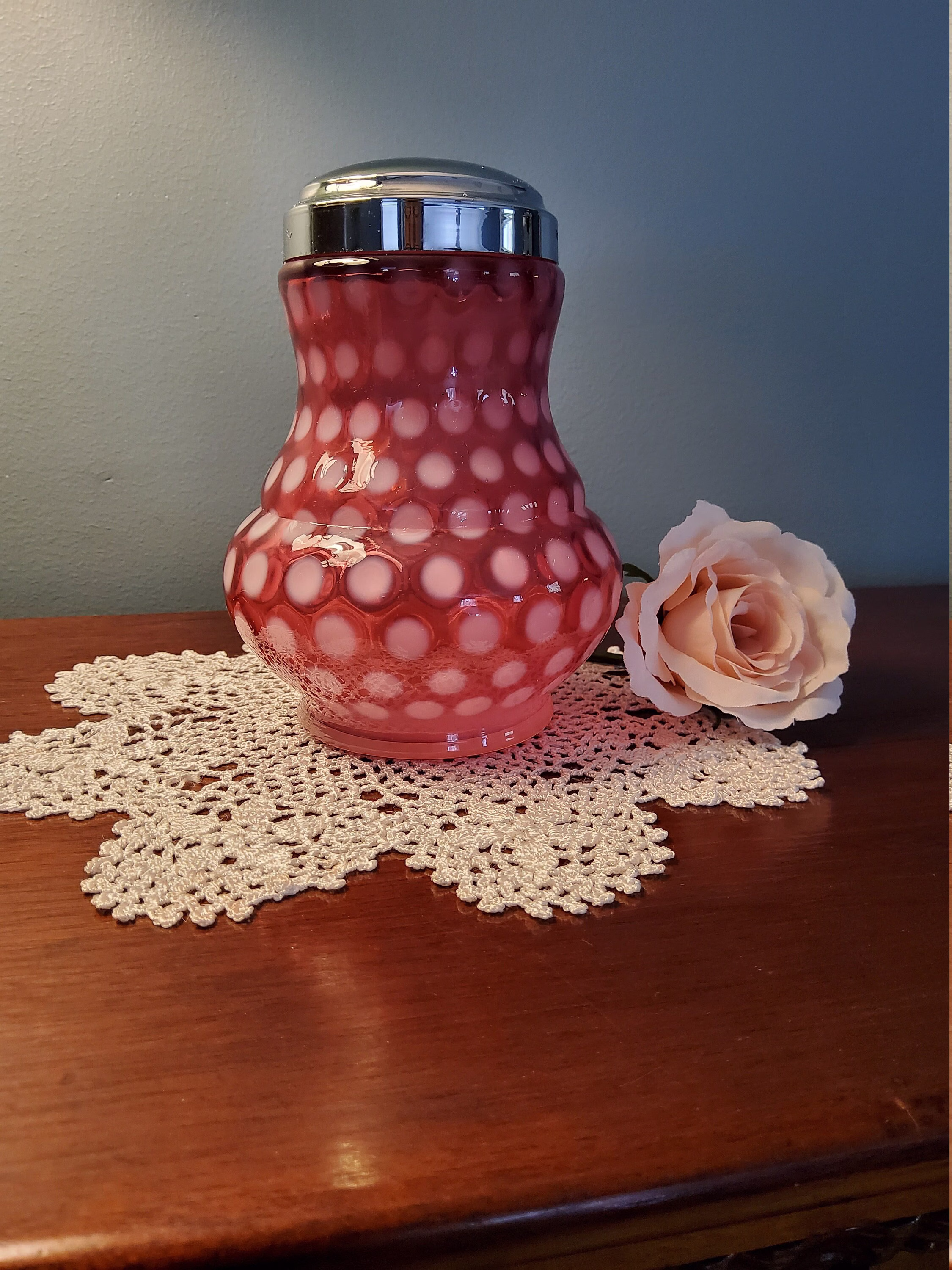 Fenton Cranberry Opalescent Coin Spot Sugar Shaker