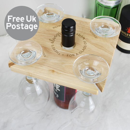 Personalised Time For A Glass Of Wine Four Holder & Bottle Butler - Gift For Her Xmas Family