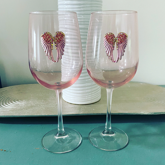 Set Of 2 Pink Wine Glasses With Angel Wings, Angel Theme Glass, Adult Unique Glass Gift Idea, Loves Gift, Pretty