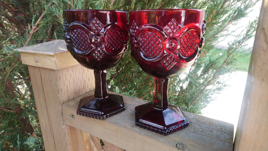 Large Wine Goblets Or Water Glasses, Collectible Set Of Two Discontinued 1975-1993 Avon Cape Cod Dark Ruby Red Heavy Glassware Glasses