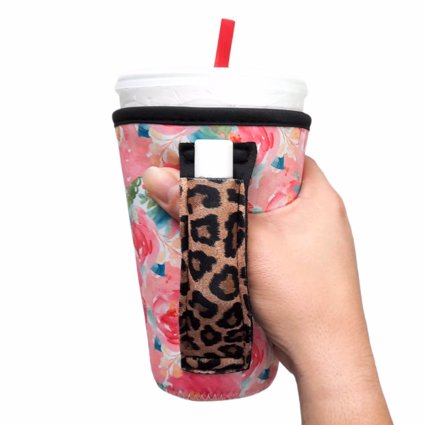 Summer Blooms with Leopard 16Oz Pint Glass/Medium Fountain Drinks & Tumbler Handlers™ Patent Pending
