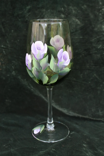 Hand Painted Wine Glass - Lavender & White Roses On Olive Green Glass | Set Of 2