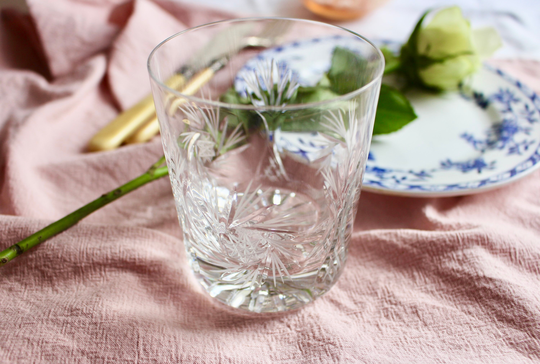 Pair Of Leaded Crystal Tumblers. Star Design. Cut-Glass. Wine Glasses. Spirits. Etched