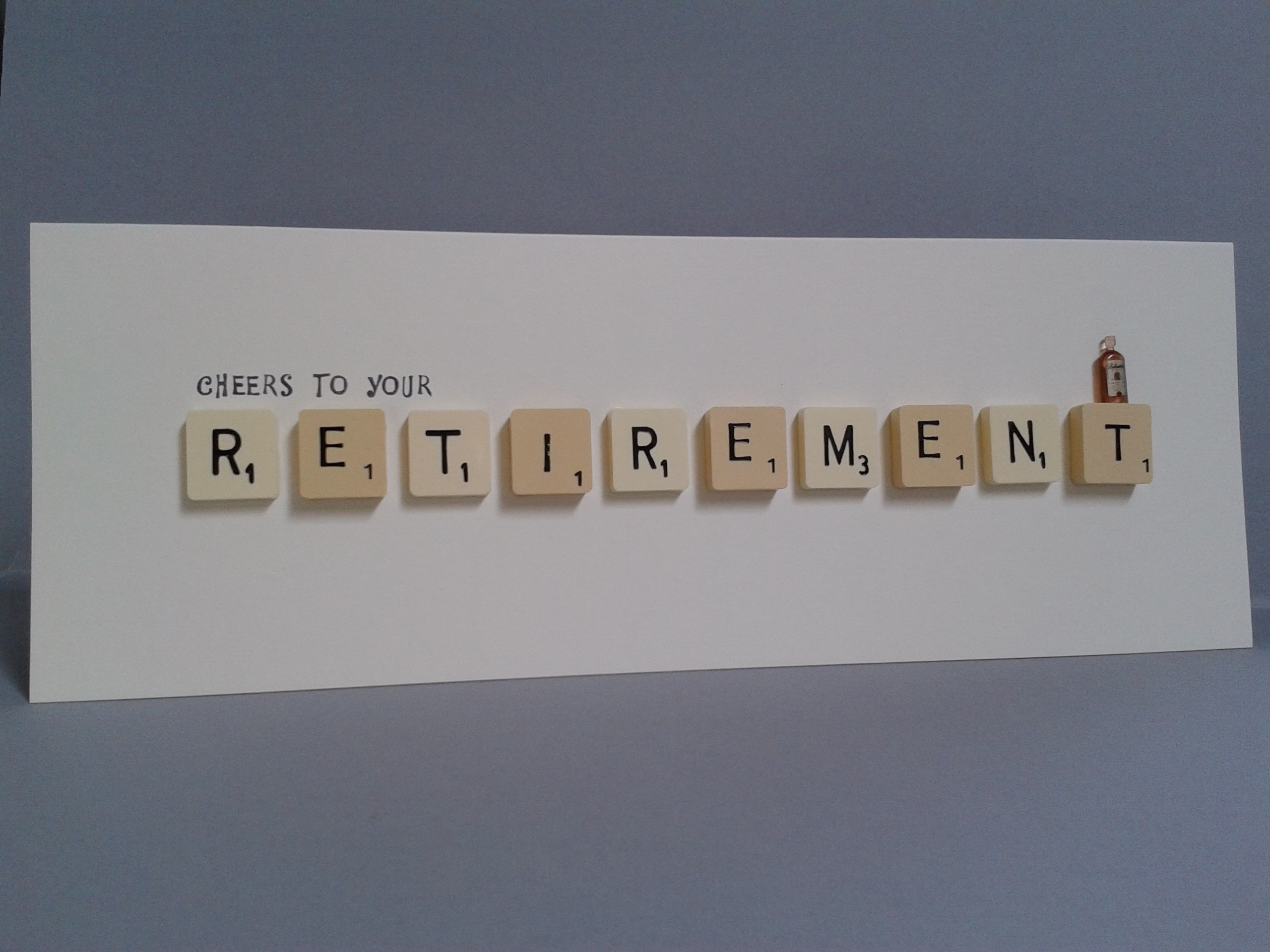 Cheers To Your Retirement Letter Tile Card With Beer/Wine/Whisky Embellishment, Can Be Personalised With A Name