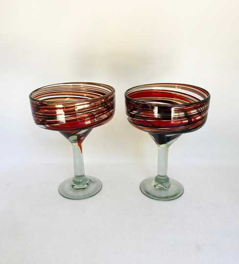 2 Hand Blown Margarita Glasses - Red/Chocolate Swirl