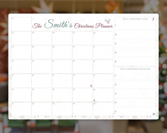 Personalised Christmas Whiteboard Planner. A3 Dry Erase Reusable December Planner. Xmas Advent Calendar, Diary