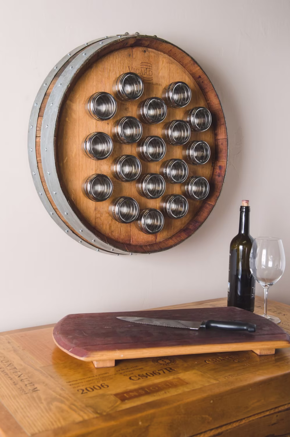 Wine Barrel Spice Rack - Circular With 18 Steel Cans