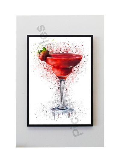 Red, Strawberry, Daiquiri, Cocktail, Glass, Splatter, Art Print, Unframed