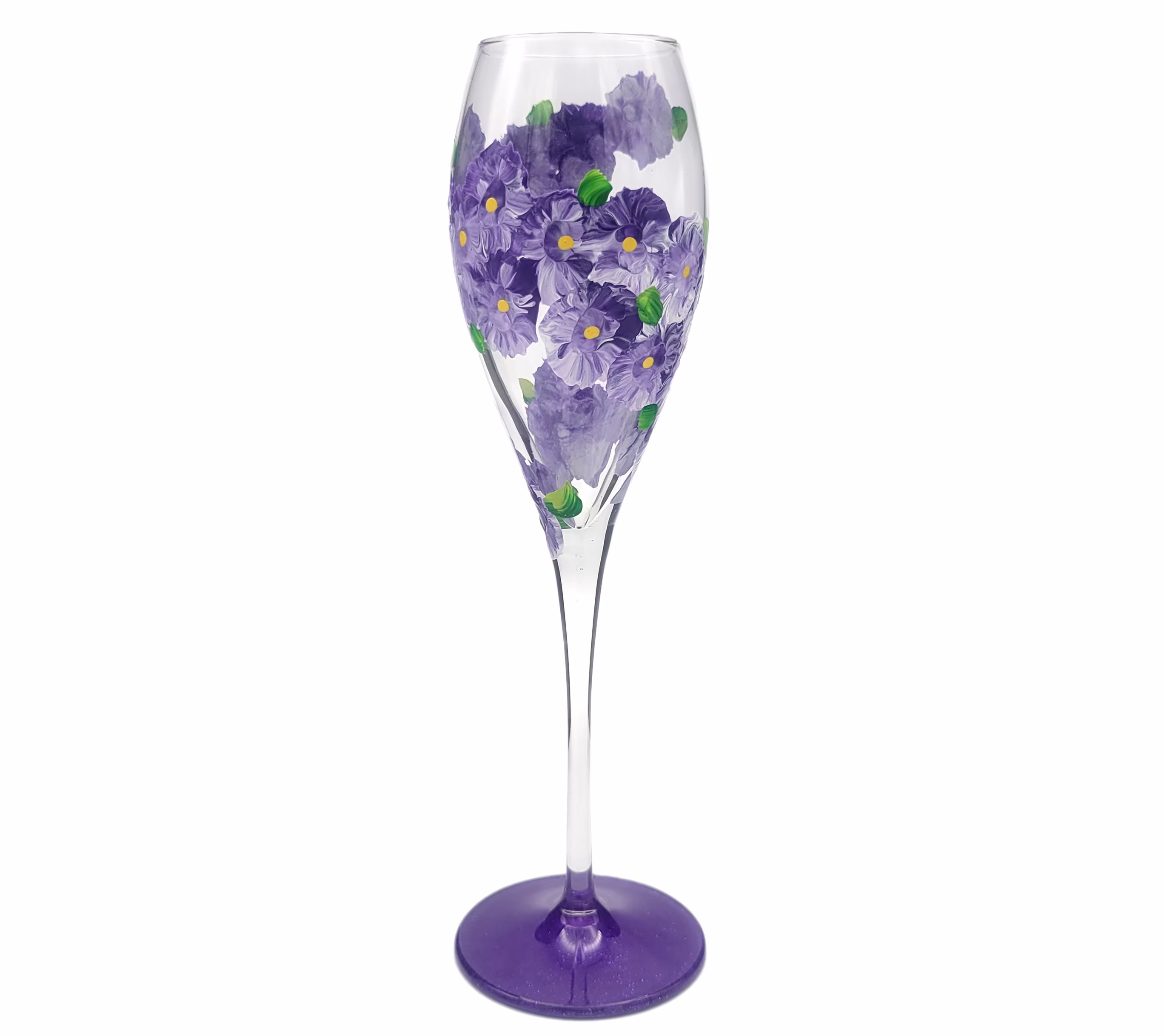 Purple Flower Champagne Glass - 7.5 Ounce Pretty Flowers With Sparkly Base Hand Painted Personalized