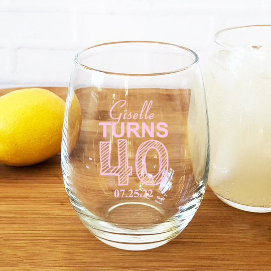 Printed 24 Pieces Of Turns Forty Personalized Stemless Wine Glass Favors - 40Th Birthday Party {Item#858C-F}