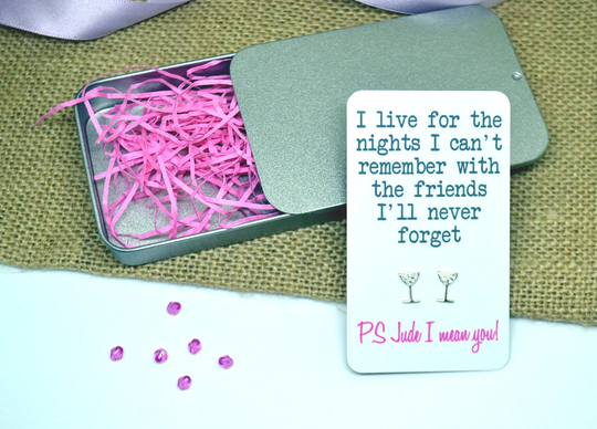 Cocktail Prosecco Champagne Bestie Best Friend Sterling Silver .925 Sparkly Earrings With Personalised Metal Gift Card & Tin