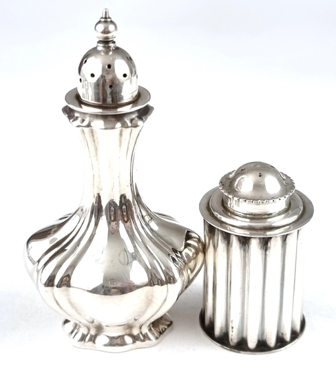 Distressed Look, Small Shakers, Unusual Shapes, Worn Silver Plate, Vertical Grooves, Vintage Tableware, Danish Decorative