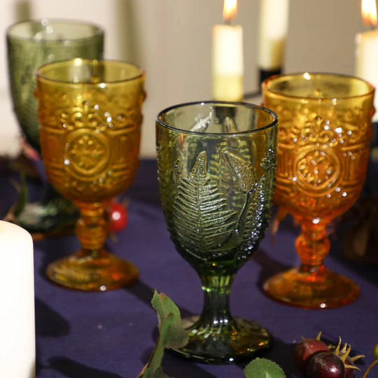 Wine Goblet Glass Set Vintage Style Amber & Green Embossed Dishwasher Safe Dining Table Glassware 270Ml-300Ml Drinking Glasses