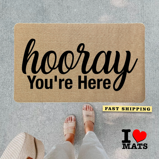 Hooray You Are Here Doormat, Indoor/Outdoor Durable Non Slip Rubber Monogram Rug, Funny Mats, Customized, No Shoes Doormat