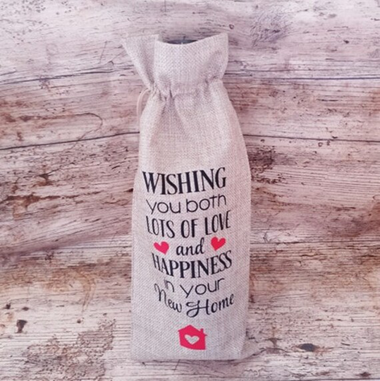 Happiness in Your New Home - Personalised Burlap/ Jute Wine Bottle Gift Bag Drawstring 3 Colours Available