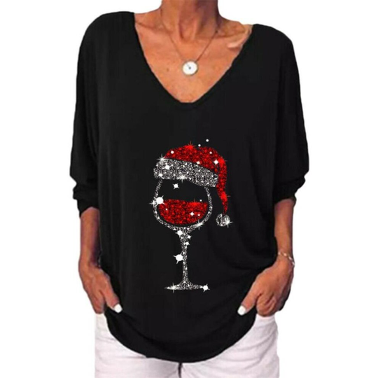 (Black, 5XL = UK 22) Ladies Xmas 3/4 Sleeve V-Neck T Shirt Wine Glasses Printed Casual Pullover Tops