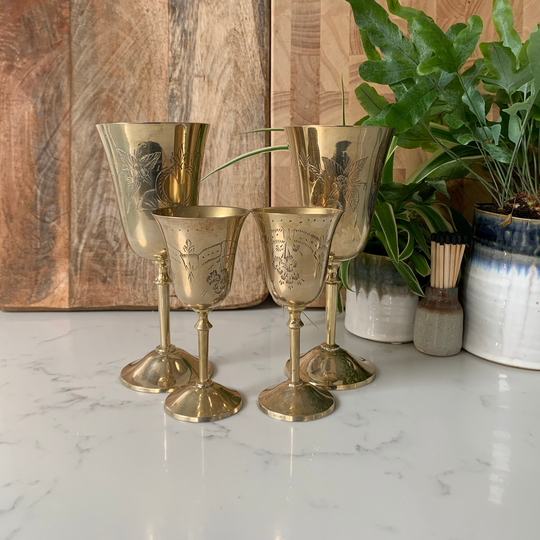 Set Of 2 Etched Brass Goblets in Sizes/Designs, Chalice Golden Chalice, Retro Kitchen Decor